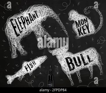 Pen hand drawing tangle wild animals elephant, monkey, bull, fish with inscription names of animals drawing with white ink on black background Stock Vector