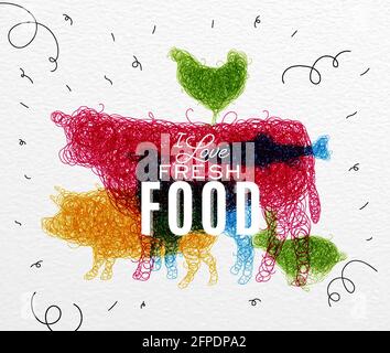 Hand drawing pen tangle wild animals chicken, fish, cow, pig, rabbit, sheep lettering I love fresh food drawing with color ink on paper background Stock Vector