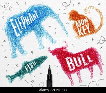 Pen hand drawing tangle wild animals elephant, monkey, bull, fish with inscription names of animals drawing with color ink on paper background Stock Vector