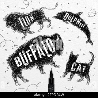 Pen hand drawing tangle wild animals buffalo, cat, dolphin, lion,  with inscription names of animals drawing on paper background Stock Vector