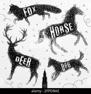 Pen hand drawing tangle wild animals deer, horse, fox, dog  with inscription names of animals drawing on paper background Stock Vector