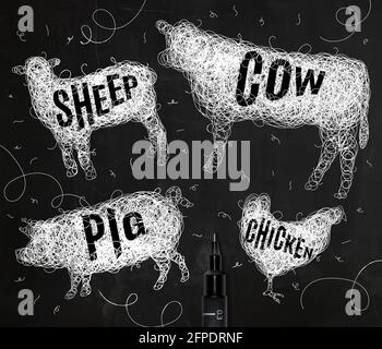 Pen hand drawing tangle wild animals chicken, cow, pig, sheep,  with inscription names of animals drawing with white ink on black background Stock Vector