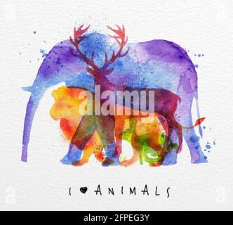 Color animals ,elephant, deer, lion, rabbit, drawing overprint on watercolor paper background lettering I love animals Stock Vector