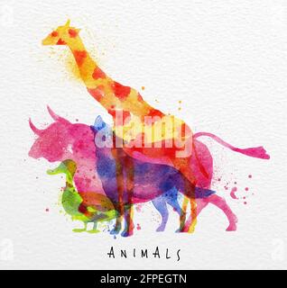 Color animals ,giraffe, wolf, duck,  bull, drawing overprint on watercolor paper background lettering animals Stock Vector