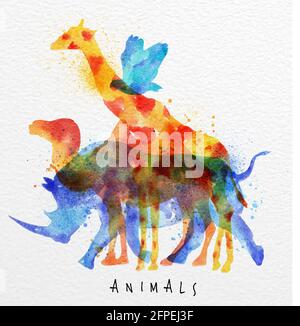 Color animals ,bird, rhino, giraffe, camel, drawing overprint on watercolor paper background lettering animals Stock Vector
