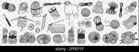 Production of wool doodle set. Collection of hand drawn wool for knitting and sewing and sheep for cutting various isolated on transparent background  Stock Vector