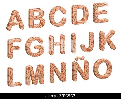 3d illustration of natural wooden alphabet. Letters from A to O in uppercase, cut out on white background. Stock Photo