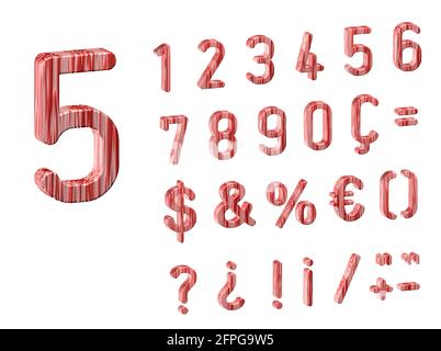 3d illustration of wooden alphabet. Numbers, signs and special symbols. Red in color. Stock Photo