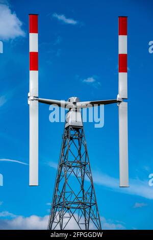 Wind test field on the Neurather Höhe near Grevenbroich, in front the Vertical Sky A 32 wind turbine, after initial tests one of the three rotors brok Stock Photo
