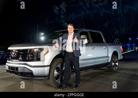 Dearborn, Michigan, USA. 19th May, 2021. Ford Motor Company CEO JIM FARLEY speaks at an event to launch the new all-electric F-150 Lightning pickup truck at an event at the Ford World Headquarters. Credit: Dominick Sokotoff/ZUMA Wire/Alamy Live News Stock Photo