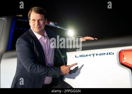 Dearborn, Michigan, USA. 19th May, 2021. Ford Motor Company CEO JIM FARLEY speaks at an event to launch the new all-electric F-150 Lightning pickup truck at an event at the Ford World Headquarters. Credit: Dominick Sokotoff/ZUMA Wire/Alamy Live News Stock Photo