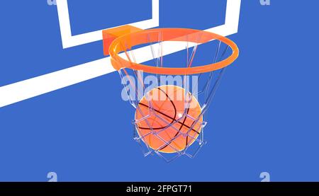 3d illustration of a basketball going into the basket. Graphic representation of transparent glass with bright colors on a blue background. Top view. Stock Photo