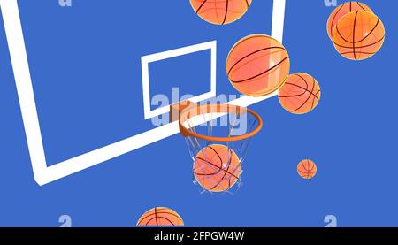 3d illustration of basketballs that go up to the basket and some score. Graphic representation with bright colors on a blue background. Top view Stock Photo