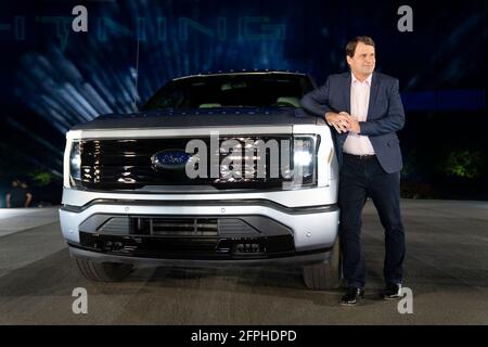 Dearborn, Michigan, USA. 19th May, 2021. Ford Motor Company CEO JIM FARLEY speaks at an event to launch the new all-electric F-150 Lightning pickup truck at an event at the Ford World Headquarters. Credit: Dominick Sokotoff/ZUMA Wire/Alamy Live News Stock Photo