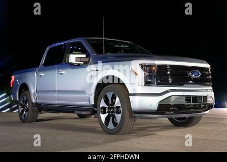 Dearborn, Michigan, USA. 19th May, 2021. Ford Motor company unveiled the new all-electric F-150 Lightning pickup truck at an event outside the Ford World Headquarters. Credit: Dominick Sokotoff/ZUMA Wire/Alamy Live News Stock Photo
