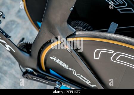 Malaga, Spain - August 25th, 2018. Professional Cycling Team spare bikes, before the start of the first round  of La Vuelta 2018 in the city of Malaga Stock Photo