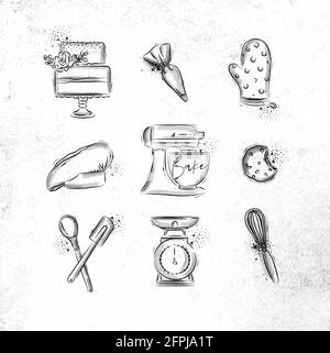 Bakery icon set with illustrated pastry bag, cake, mitts, cook cap, kneading machine, cookies, pastry equipment, scales, whisk in hand drawing style o Stock Vector