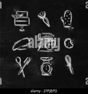 Bakery icon set with illustrated pastry bag, cake, mitts, cook cap, kneading machine, cookies, pastry equipment, scales, whisk in hand drawing style o Stock Vector