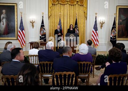 United States Vice President Kamala Harris delivers remarks before US President Joe Biden signs the COVID-19 Hate Crimes Act into law in the East Room at the White House in Washington on May 20, 2021.Credit: Yuri Gripas/Pool via CNP/MediaPunch Stock Photo