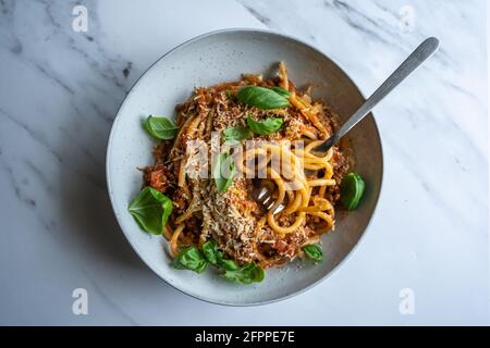 Vegan lentil pasta, bucatini with fresh home made tomato lentil sauce, basil and parmesan cheese on white concrete background with copy space Stock Photo