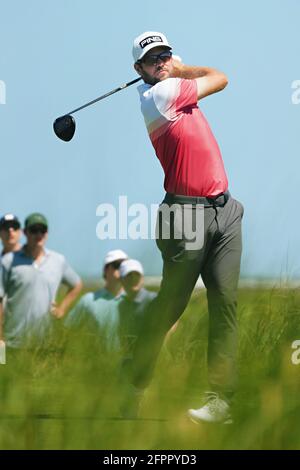 Kiawah Island, United States. 20th May, 2021. Corey Conners tees off at the 9th hole in the first round at the 103rd PGA Championship at Kiawah Island Golf Resort Ocean Course on Kiawah Island, South Carolina on Thursday, May 20, 2021. Photo by Richard Ellis/UPI Credit: UPI/Alamy Live News Stock Photo