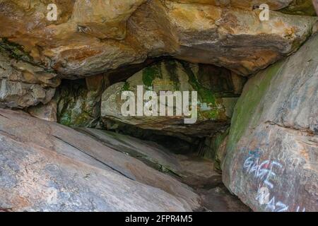 The entrance of Robbers Cave at Robbers Cave State Park in Wilburton, Oklahoma. (Photo by Michael Woods, michaelwoodsphoto.com) Stock Photo