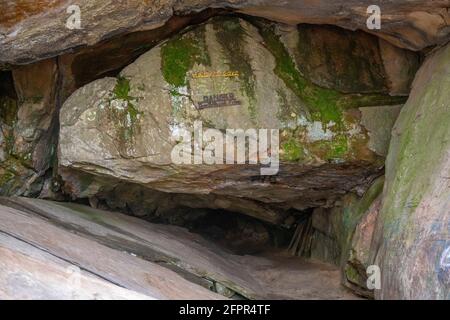 The entrance of Robbers Cave at Robbers Cave State Park in Wilburton, Oklahoma. (Photo by Michael Woods, michaelwoodsphoto.com) Stock Photo