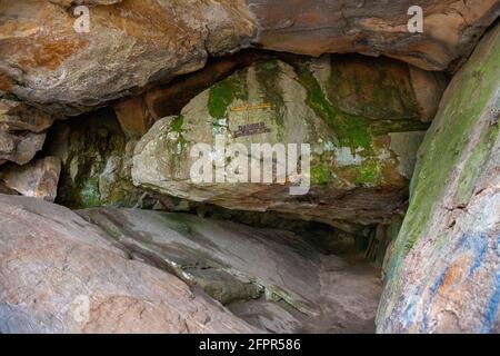 The entrance of Robbers Cave at Robbers Cave State Park in Wilburton, Oklahoma. (Photo by Michael Woods, michaelwoodsphoto.com) Stock Photo