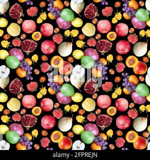 Seamless colorful pattern with different fruits on a black background Stock Photo