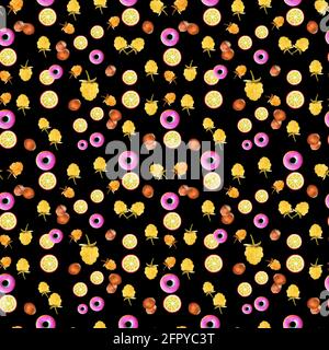 Seamless colorful pattern with lollipops, raspberries and nuts on a black background Stock Photo