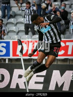 NEWCASTLE UPON TYNE, UK. MAY 19TH Newcastle United's Joe Willock celebrates after scoring to put them into a 1-0 lead during the Premier League match between Newcastle United and Sheffield United at St. James's Park, Newcastle on Wednesday 19th May 2021. (Credit: Mark Fletcher | MI News) Credit: MI News & Sport /Alamy Live News Stock Photo