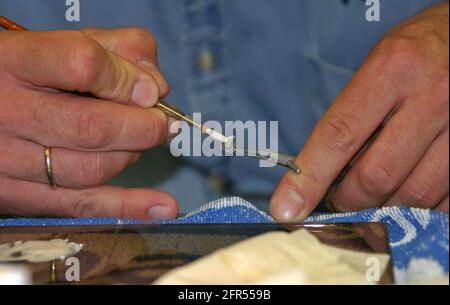 Dental lab technician applying liquid porcelain to the metal tooth abutment Stock Photo