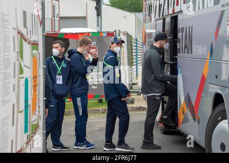 Riga, Latvia. 20th May, 2021. Kazahstan's players leave after practice from arena ''Riga'' before the 2021 IIHF Ice Hockey World Championship in Riga, Latvia, on May 20, 2021. The Ice Hockey World Championship will kick off in Riga on May 21, with the final scheduled for June 6. Credit: Edijs Palens/Xinhua/Alamy Live News Stock Photo