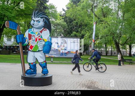 Riga. 20th May, 2021. Photo taken on May 20, 2021 shows Spiky the Hedgehog, the official mascot of the 2021 IIHF Ice Hockey World Championship, is displayed in Riga, Latvia. The Ice Hockey World Championship will kick off in Riga on May 21, with the final scheduled for June 6. Credit: Edijs Palens/Xinhua/Alamy Live News Stock Photo