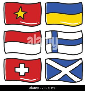 illustration of the flags of six world countries hand-drawn doodle art and design element Stock Vector