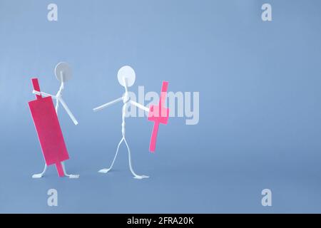 Human stick figure holding red candlestick pattern in dark blue background with copy space. Bearish market in stock market and crypto trading concept. Stock Photo