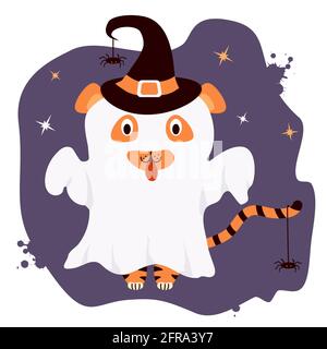 Scary Wild Animal - Tiger for Halloween. The character is a ghost in white, wearing a witchs hat and spiders on purple background with stars. Tiger Stock Vector