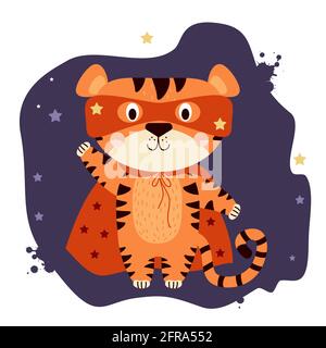 Cute tiger magic superhero. A character in a mask and a red cloak waving his paw on a purple background with stars. Tiger symbol of the new year 2022 Stock Vector