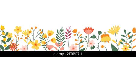 Flowers and leaves horizontal background. Floral spring backdrop with copy space for text. Stock Vector