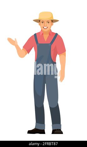 The farmer guy is standing. Young handsome cute boy wearing a hat. Shows with his hand. In uniform, overalls. Cartoon flat style. The illustration Stock Vector