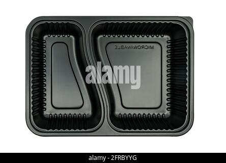 Top view takeaway plastic food box with two panels, isolated high quality microwaveable empty food box on white background. Black color food container Stock Photo
