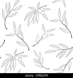 Seamless pattern with olives branches and olives. Simple minimalistic wallpaper pattern with nature element. Seamless pattern with botanical element. Stock Vector