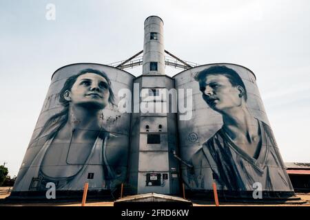 Giant murals on old grain silos part of a trail of giant silo art in Rupanyup, Victoria, Australia. Stock Photo