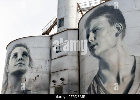 Giant murals on old grain silos part of a trail of giant silo art in Rupanyup, Victoria, Australia. Stock Photo