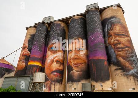 Giant art on old grain silos as part of a trail of artwork featuring local indigenous elders in Sheep Hills, Victoria, Australia Stock Photo