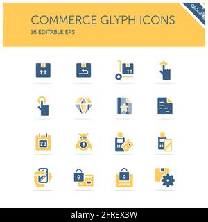 Commerce. Box, diamond, hand, swiping machine, security, money and calendar group. Isolated icon set. Isolated color icon set. Glyph vector illustrati Stock Vector