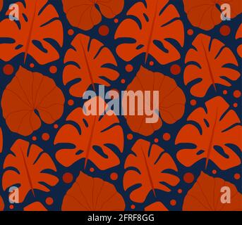 Contrast retro pattern with red silhouettes of monstera and liana leaves on a blue background. Tropical texture. Wallpaper with jungle foliage. Vector Stock Vector