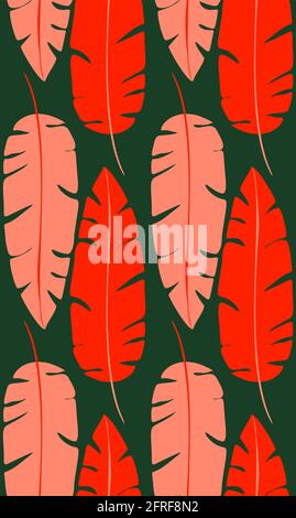 Contrast retro pattern with red silhouettes of banana leaves on green background. Tropical texture. Wallpaper with jungle foliage. Vector texture of r Stock Vector