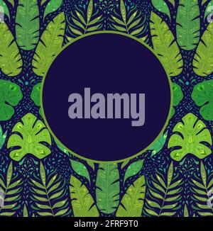 Vertical card with pattern with monstera, banana and liana leaves and copy space on a blue background. Tropical greeting card. Banner with jungle foli Stock Vector