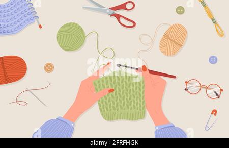 Crochet knitting process. Female hands with hook and thread. Balls of yarn. Top view of the workplace. Tailor shop elements. Hand drawn vector Stock Vector
